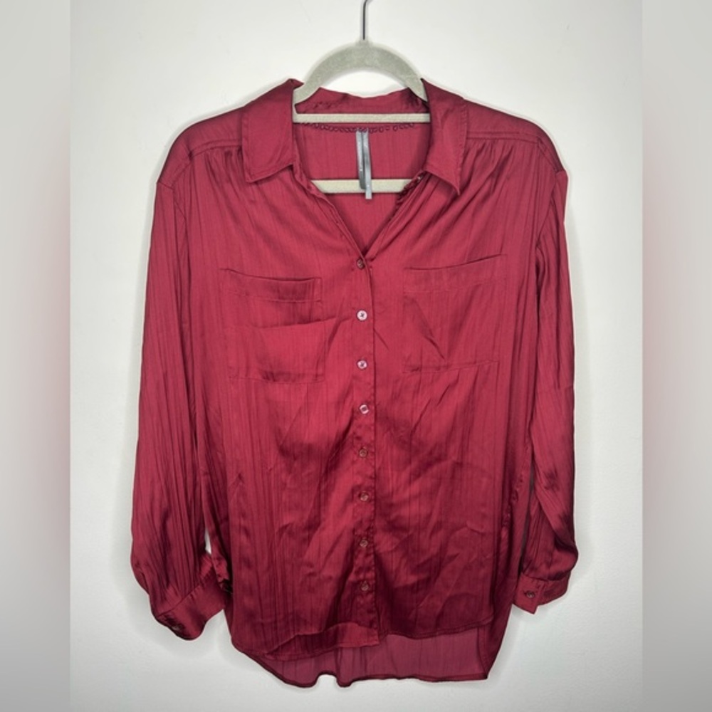 Anthropologie Long Sleeve Button Up Puffy Sleeve Oversized Wine Color Blouse S